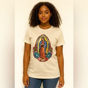 Catholic Our Lady of Guadalupe Virgin Mary Western Turquoise Cream Graphic Tee